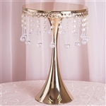 17" Tall Gold Metallic Trumpet Cake Riser Centerpiece with hanging Acrylic Crystal Chains