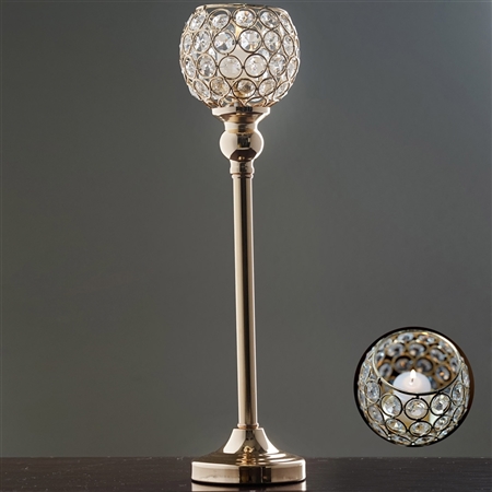 16" Tall Sleek Pillar Crystal Votive Tealight Candle Holder - Gold