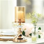 13" Tall Gold Metal Pillar Candle Holder With Hurricane Glass Tube