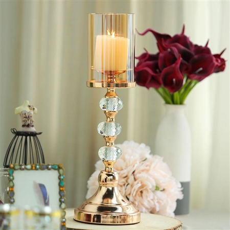 17" Tall Gold Metal Pillar Candle Holder With Hurricane Glass Tube