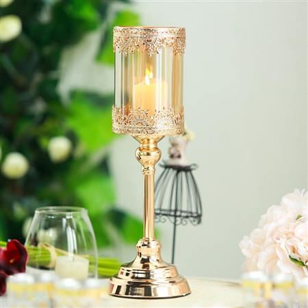 15" Tall Lace Design Gold Amber Hurricane Glass Candle Holder With Glass Tube
