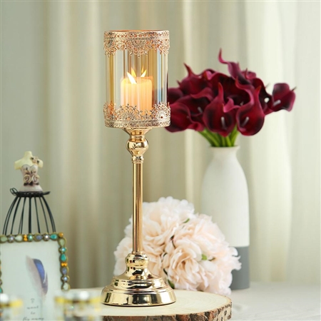 17" Tall Lace Design Gold Amber Hurricane Glass Candle Holder With Glass Tube
