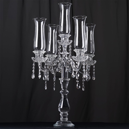 32" Handcrafted 5 Arm Crystal Glass Candelabra Hurricane Taper Candle Holder