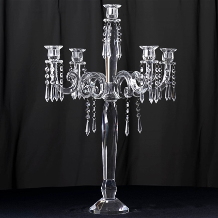 27" Tall Gem Cut 5 Arm Crystal Glass Candelabra Taper Pillar Votive Candle Holder Centerpieces