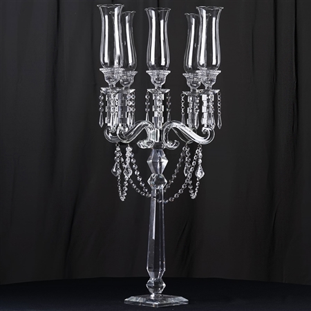 39" Tall Handcrafted 5 Arm Crystal Glass Tabletop Candelabra Hurricane Taper Candle Holder Centerpieces