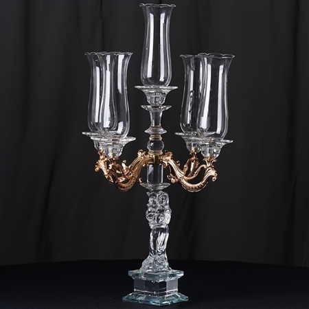 30" Handcrafted 5 Gold Arm Crystal Glass Tabletop Candelabra Hurricane Taper Candle Holder