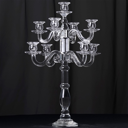 23" Gem Cut 9 Arm 3 Tier Crystal Vintage Glass Tabletop Candle Holder Centerpieces - Premium Collection