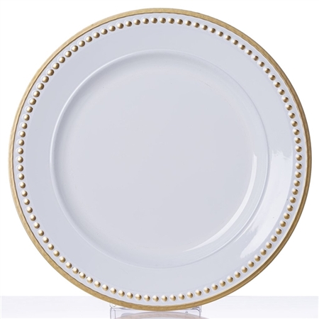 13" Round Gold Rim Crystal Beaded White Acrylic Charger Plates - Set of 6