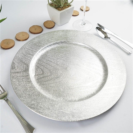13" Silver Round Wooden Textured Acrylic Charger Plates - Set of 6