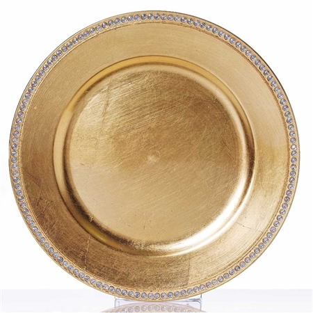 Round 13" Gold Crystal Beaded Acrylic Charger Plates Party Dinner Servers - Pack of 6