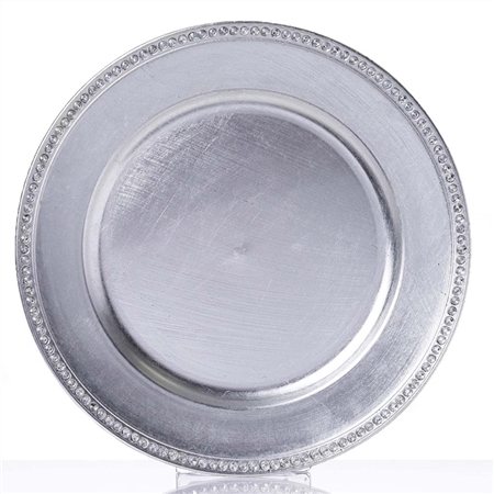 Round 13" Silver Crystal Beaded Acrylic Charger Plates Party Dinner Servers - Pack of 6