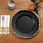 13" Black with Gold Scalloped Edge Acrylic Plastic Charger Plates - Set of 6