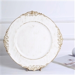 13" White Round Baroque Charger Plates with Leaf Embossed Antique Gold Rim - Set of 6