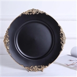13" Matte Black Round Baroque Charger Plates with Leaf Embossed Gold Rim - Set of 6