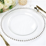 12" Round Silver Beaded Rim Glass Charger Plates - Set of 8