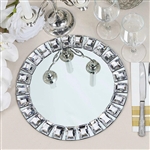 13" Silver Jeweled Rim Premium Glass Mirror Charger Plates - Set of 2