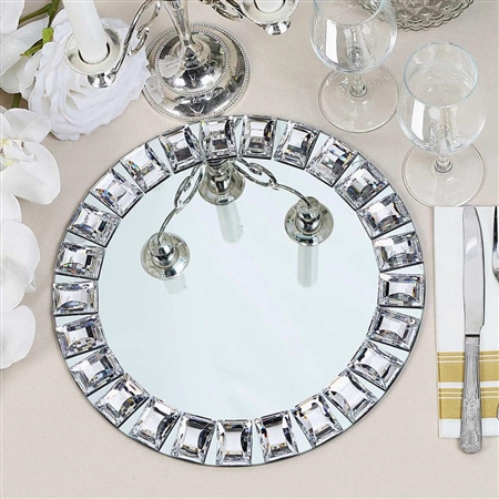 13" Silver Jeweled Rim Premium Glass Mirror Charger Plates - Set of 2