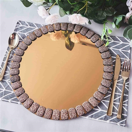 13" Gold Mirror Glass Charger Plates with Glitter Jeweled Rim - Set of 2