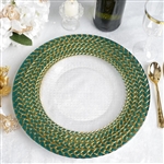 13" Clear Round Decorative Glass Charger Plates with Teal Green and Gold Braided Rim - Set of 8