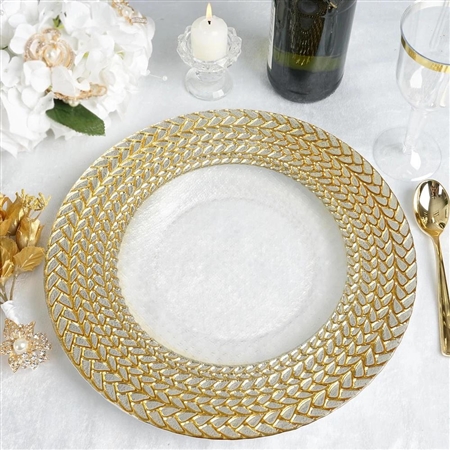 13" Clear Round Decorative Glass Charger Plates with Silver and Gold Braided Rim - Set of 8