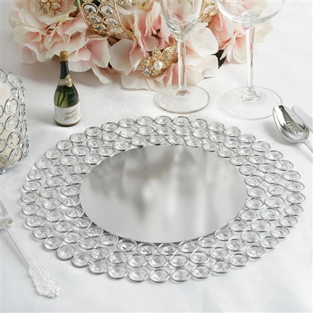 14" Wired Metal Charger Plate with 118 Acrylic Crystal Beads - Silver