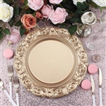 14" Round Metallic Gold Plastic Charger Plates With Engraved Baroque Design Rim - Set of 6
