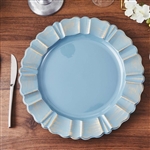 13" Round Dusty Blue/Gold Plastic Charger Plates with Gold Brushed Waved Scalloped Rim - Set of 6
