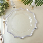13" Round Clear Plastic Charger Plates with Silver Scalloped Edge - Set of 6
