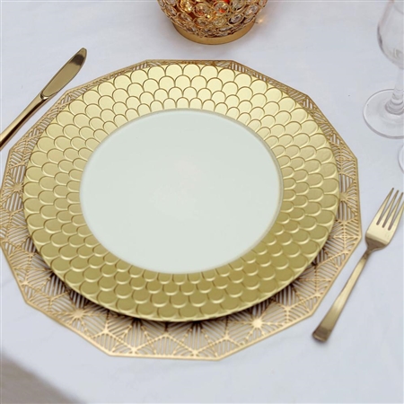 13" Gold Round Plastic Charger Plates with Mermaid Scale Trim - Set of 6