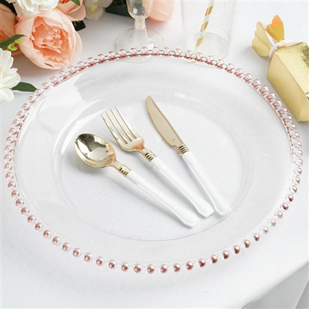 12" Clear Acrylic Round Charger Plates with Rose Gold Beaded Rim - Set of 6