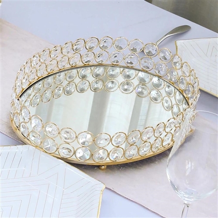 14" x 10" Gold Metal Oval Crystal Beaded Mirrored Decorative Serving Tray