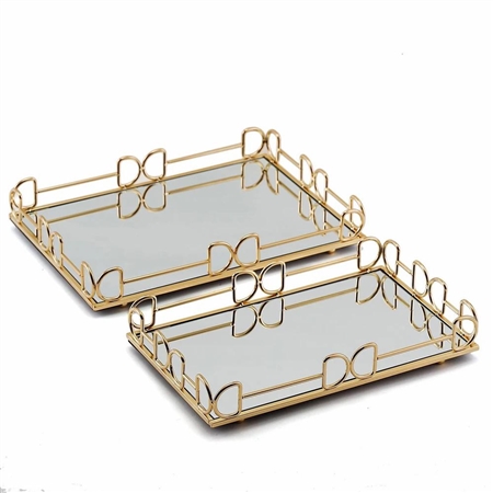 Gold Metal Rectangle Mirrored Decorative Serving Trays - Set of 2