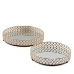Gold Metal Round Mirrored Crystal Beaded Decorative Serving Trays - Set of 2