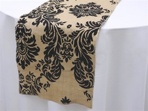 Damask Flocking Burlap Runner - Natural Tone w/ Black