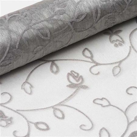12" x 10 Yards Velvet Embroidery on Organza Fabric Bolt - Silver