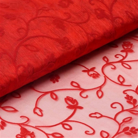54" x 10 Yards Velvet Embroidery Sheer Organza Fabric Bolt - Red