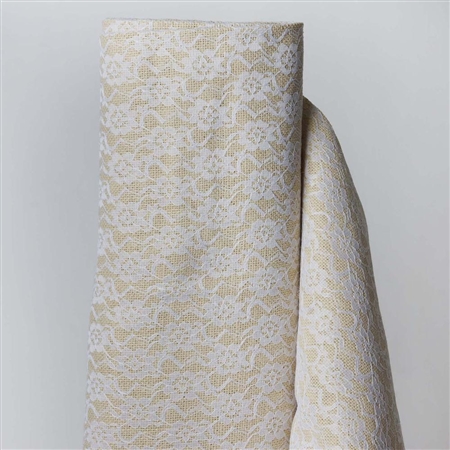 4 Yards 54" Natural Floral Lace Stitched Burlap Fabric Bolt