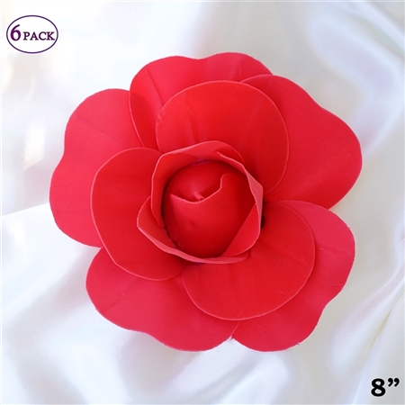 8" Large Foam DIY 3D Artificial Flowers For Wedding Room Wall Decoration - Red - Pack of 6