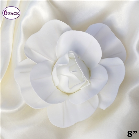 8" Large Foam DIY 3D Artificial Flowers For Wedding Room Wall Decoration - White - Pack of 6
