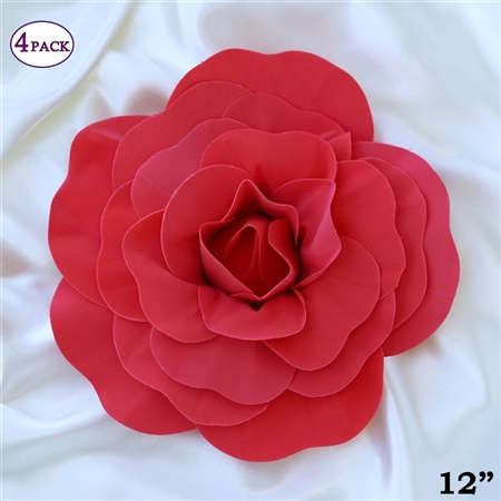 12" Foam Paper Craft Artificial Flowers For Wedding - Red - Pack of 4