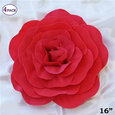 16" Large Artificial DIY 3D Flowers for Room Wall Decoration - Red - Pack of 4