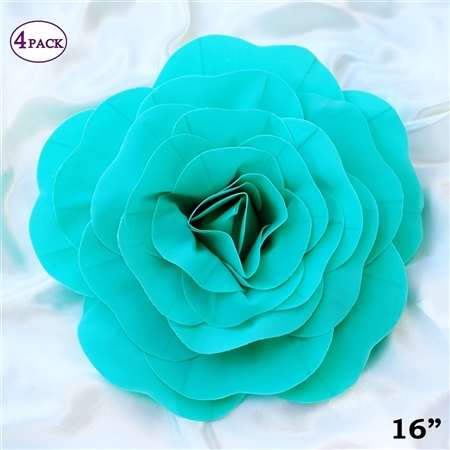 16" Large Artificial DIY 3D Flowers for Room Wall Decoration - Turquoise - Pack of 4