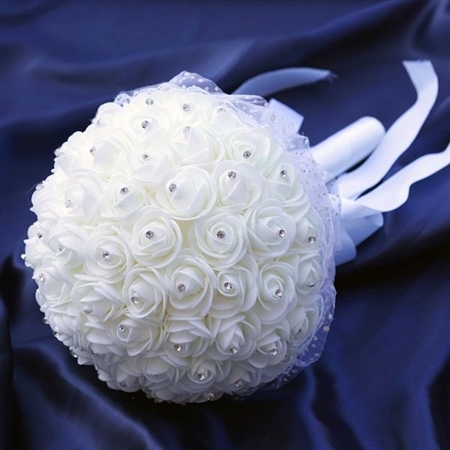 4 PCS White Artificial Rhinestone Studded Foam Rose Flower Wedding Bridal Bouquet
