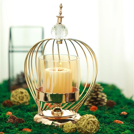12" Gold Metal Cage Glass Votive Candle Holder With Crystal Baroque Top