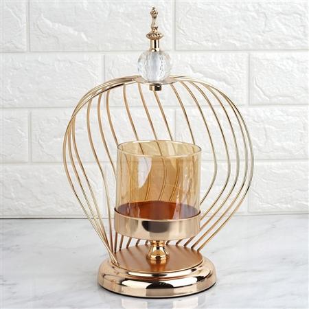 13" Gold Metal Cage Glass Votive Candle Holder With Crystal Baroque Top