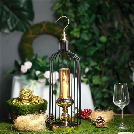 21" Tall Gold/Black Bird Cage Candle Holder with Glass Centerpiece
