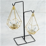 8" Gold Hanging Geometric Tealight Candle Holders with 14" Tall Black Iron Stand - Pack of 2
