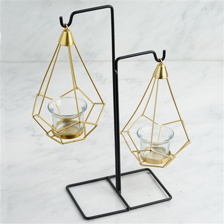 8" Gold Hanging Geometric Tealight Candle Holders with 14" Tall Black Iron Stand - Pack of 2