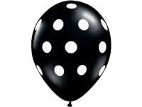 25pk 12" Black with White Dots Heart Balloons for celebrations and parties.