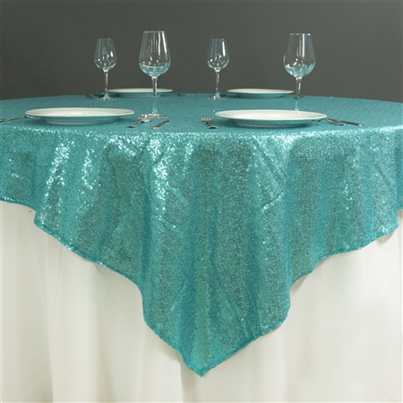 60" x 60" Grand Duchess Sequin Table Overlays - Turquoise